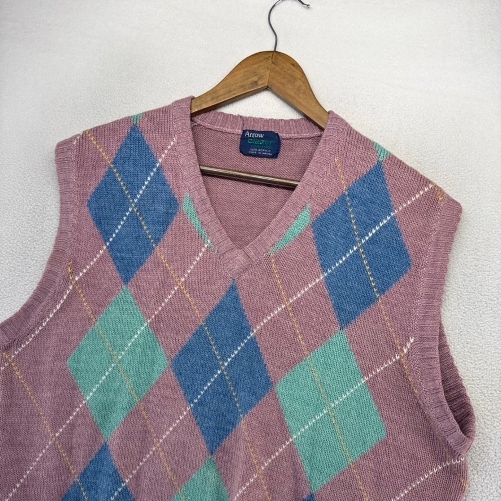 Vintage Arrow Sweater Vest Womens Large Purple Argyle V-Neck Blazer Golf 70s 80s